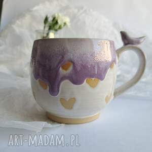 kubek fioletowy z ptakiem, ceramika prezent handmade, uzytkowa