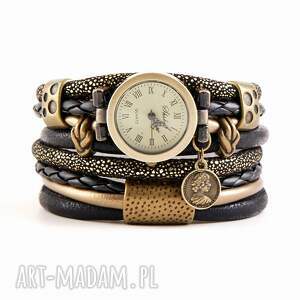 zegarki zegarek - branoletka, czarno-złoty z monetą, zegarek bransoletka
