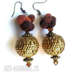 kolczyki wiszące boho etno handmade pompony orient, duże, folk