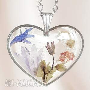 srebrny naszyjnik z prawdziwymi kwiatami łąkowe serce, łąka, prawdziwe kwiaty