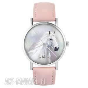 handmade zegarki zegarek - biały koń - pudrowy róż, skórzany
