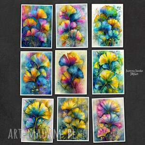 ginkgo biloba liście - zestaw 9 grafik 13x18 cm, prezent, rośliny, grafiki