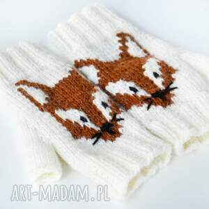 handmade rękawiczki z liskiem/mitenki ciepłe na jesień/ecru rękawiczki z rudym