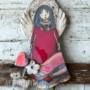 Anioł z serduszkiem i pieskiem, ceramiczny - wiszący, walentynkowy prezent