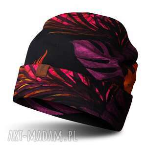 ręczne wykonanie czapki czapka beanie jesienno - zimowa purpurowe liście