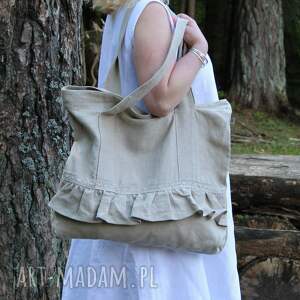 handmade na ramię torba lniana z falbaną 100% naturalny len 56x50 cm