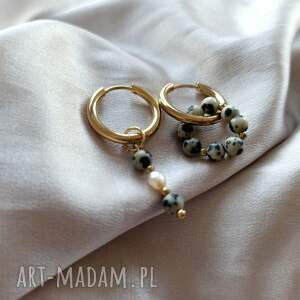 kolczyki z jaspisem dalmatyńskim i perłą, biżuteria na prezent