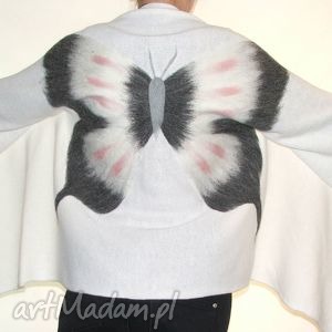 narzutka sweter wełną zdobiony, motyle, flcowanie dzianina