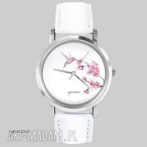 handmade zegarki zegarek, bransoletka - koliber - biały, skórzany