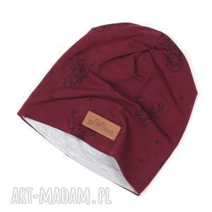 czapka unisex beanie bordowa łosie, renifer, ciepła