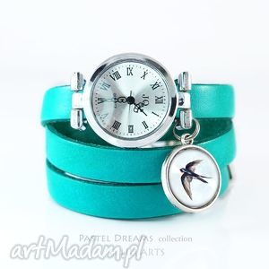 handmade bransoletka, zegarek - jaskółka turkusowy, skórzany