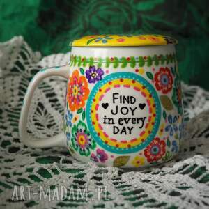 Prezent Ręcznie malowany kubek z sitkiem do ziół i herbaty FOLK żółty