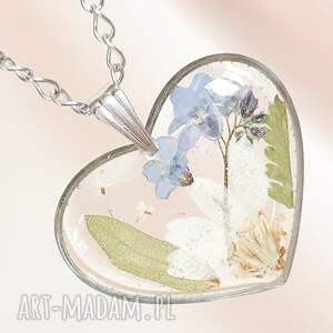 srebrny naszyjnik z prawdziwymi kwiatami łąkowe serce, łąka, prawdziwe kwiaty