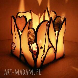 beżowy świecznik witrażowy z agatem mszystym dekoracja witrażowa, romantyczna