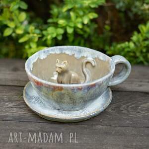 azulhorse filiżanka z kotem - szara serce rękodzieło 300 ml, ceramika