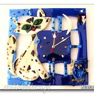 hand made zegary artystyczna kompozycja ze szkła - zegar rudy kot