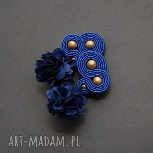 kobaltowe kolczyki sutasz z kwiatkiem, sznurek, eleganckie, wieczorowe