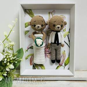 młoda para misie w białej ramce ręcznie robione prezent ślubny obraz, pamiątka