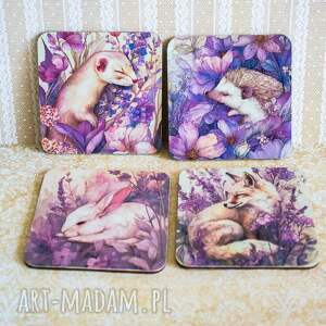 komplet 4 podkładek - zaczarowany ogród, podkładki pod kubek, leśne zwierzęta