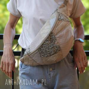 beżowo - szara patchworkowa nerka xxl, mini plecak nerkoplecak skrawkowa saszetka