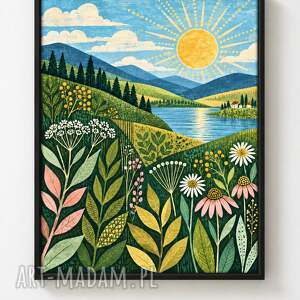 Widok na góry 40x50 cm - plakat z kwiatami i jeziorem