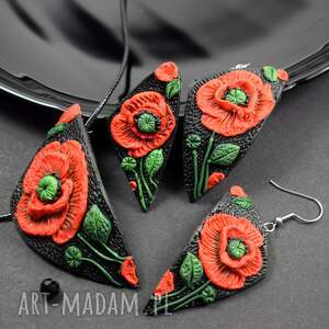 czerwone maki duży komplet biżuterii, biżuteria kwiaty, kwiat maku