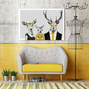 nowoczesny obraz drukowany na płótnie - 120x80 cm rodzina jeleni żółtymi dodatkami