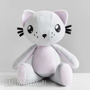 handmade maskotki kot przytulanka - poofy cat plushee szaro - różowy