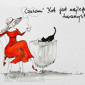 Kot najlepszym towarzystwem praca akwarelami oraz piórkiem artystki