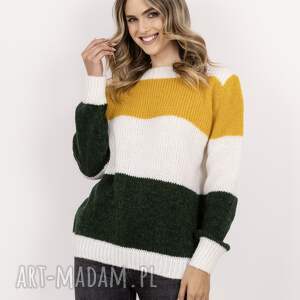 handmade swetry sweter w szerokie, kontrastowe pasy - swe290 ecru/ciemny zielony/żółty