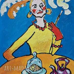 obraz olejny dama przy stole, pióra nad głową, cisza na obrazy olejne