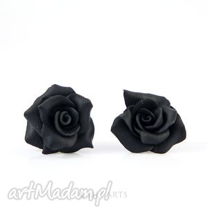 kolczyki - czarna róża wkrętki, sztyfty róże różyczki, kwiaty