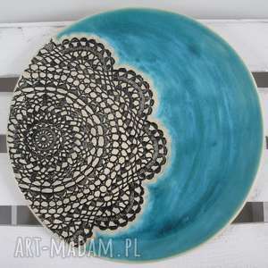 handmade ceramika turkusowy talerz ceramiczny z koronką
