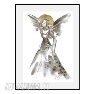 skrzydlaty ze złotem grafika ręcznie malowana i złocona 21cm x 30cm, prezent