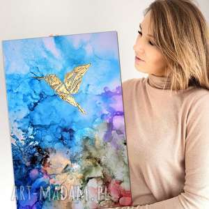 obraz ręcznie malowany na płótnie abstrakcja - koliber w tęczowej mgle