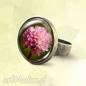 pierścionek - różowy kwiat - antyczny brąz