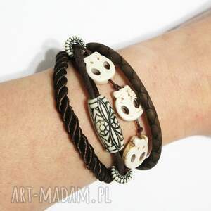 bransoletka - czaszki brązowa, rzemienie howlit niej, prezent
