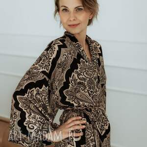kimono maroko beż/czarny, długie, homewear, komfort, sukienka kimonowa