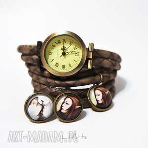 handmade zegarki komplet - elf i smok - zegarek i kolczyki - antyczny brąz