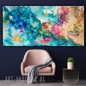 kolibry w tęczowej mgle - abstrakcja na płótnie, ręcznie malowany salon