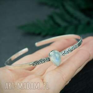 srebrna bransoletka z kamieniem księżycowym i listkami, niebieskim