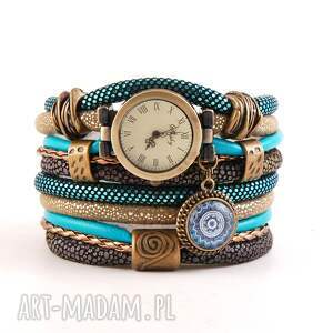 zegarek - bransoletka w kolorach morskim i beżowym, bransoletka, damski