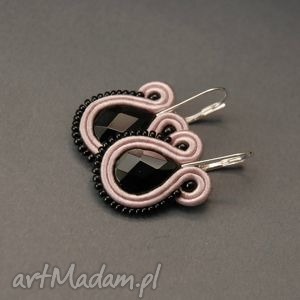 kolczyki sutasz z kocim okiem soutache czarne, pudrowe, elegnackie, sznurek