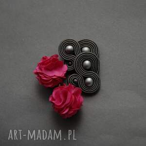 grafitowo fuksjowe klipsy sutasz z kwiatkiem, sznurek, eleganckie