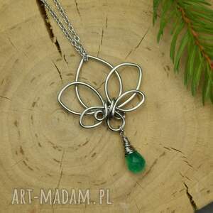 wisiorek kwiat lotosu zielony onyks wire wrapping biżuteria autorska prezent