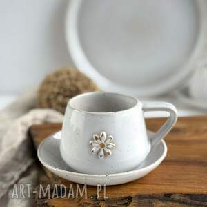 Filiżanka ze spodkiem 250 ml - biała stokrotka handmade