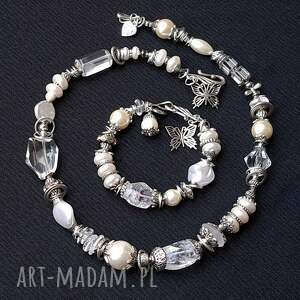 Galeria-Limart - Naszyjnik i bransoletka z kryształu górskiego i pereł unikat ręcznie robiony, kryształ górski, choker boho, elegancki