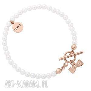 handmade bransoletka z białych pereł swarovski® crystal z kokardką z różowego złota