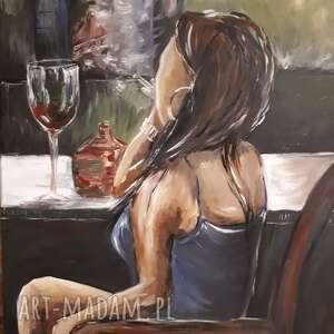 obraz olejny motyw kobieta bar oczekiwanie 50x70 cm pubie, przy barze