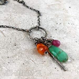 różowy szafir, chryzopraz, bursztyn - srebrny naszyjnik
